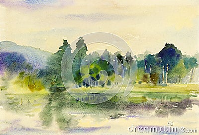 Painting art watercolor landscape original colorful of mountain Stock Photo