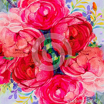 Painting art watercolor landscape pink color of the roses. Cartoon Illustration