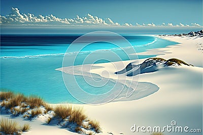 a painting of a beach with a blue ocean and sand dunes and grass on the shore and a cloudy sky Stock Photo