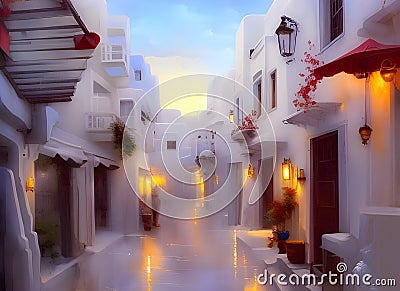 Painting of a beautiful old street with white painted houses in a typical old-fashioned town in Greece in summer sunlight. Cartoon Illustration