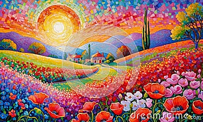 A painting in bloom with poppies with bright vivid colors. Summer countryside. Rural houses and high cypress trees on hill Stock Photo