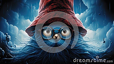 a painting of a blue bird with a red hat and glasses on it's face with rain coming down behind it Stock Photo