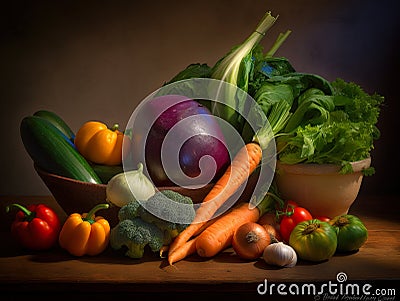 A painting of a bowl of vegetables on a table. AI generative image Stock Photo