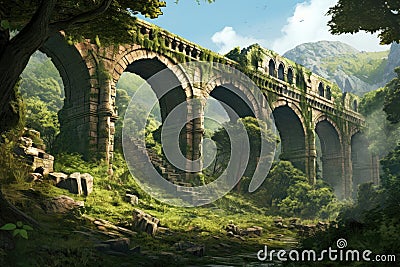 Painting of Bridge in Forest, Tranquil Pathway Overlooking Scenic Woods, An ancient aqueduct in a lush landscape, A Stock Photo