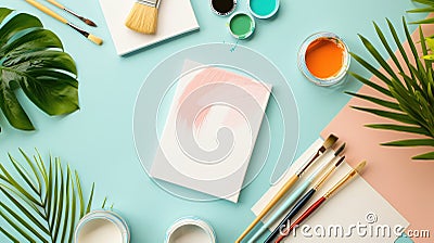 a painting with brushes , paint , and a plant on a table AIG50 Stock Photo