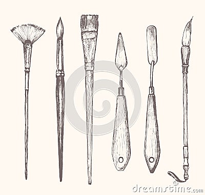 Painting brushes set, palette knives sketch drawing on white.arts and creativity objects set Vector Illustration