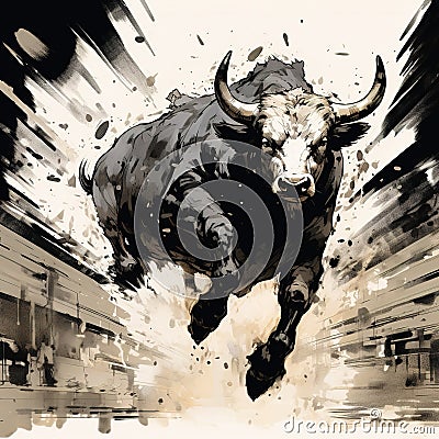 Painting of bull is angry running on a white background. Wild animal Stock Photo