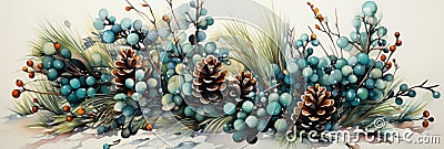 A painting of a bunch of blue berries and pine cones. Winter decorative border. Cartoon Illustration