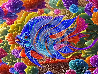 Painting captures the exquisite beauty of blue patterned fish gracefully gliding through a mesmerizing underwater world adorned Stock Photo