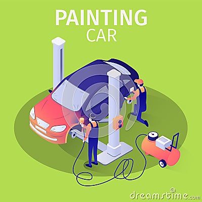 Painting Car with Spraying Gun in Autoservice Vector Illustration