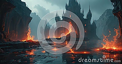 A painting of a castle surrounded by fire and smoke. Stock Photo