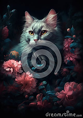 a painting of a cat sitting in a flowery field Stock Photo