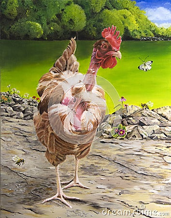 Painting chicken outdoor with balkd neck Stock Photo