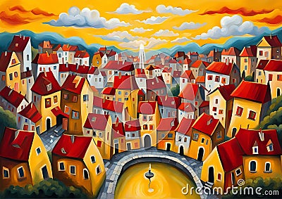 painting of a city with a fountain and clouds in the sky, dawn, transylvanian folk art, yellow and red, connectedness, maybe a Stock Photo