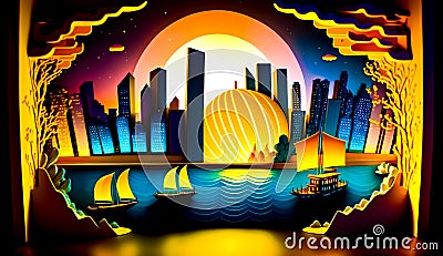 Painting of city at night with sailboats in the foreground. Generative AI Stock Photo