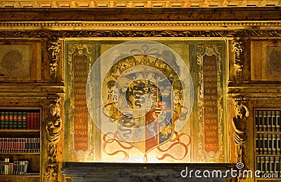 Painting of a Coat of Arms on the inside of the Atellani House, Museo Vigna di Leonardo, Milan. Editorial Stock Photo