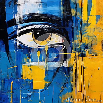 Eye-catching Pop Art Painting With Blue And Yellow Tones Stock Photo