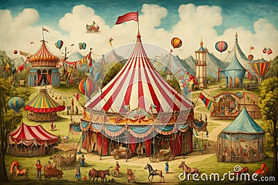 Painting of a Colorful Circus Scene With Circus Tent, Acrobats, and Animals, A vintage circus populated with colorful tents and Stock Photo