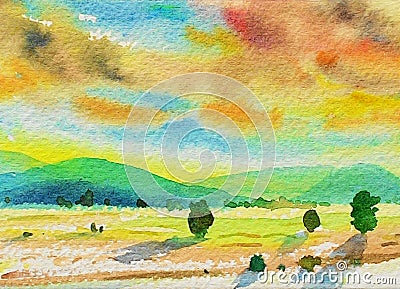 Painting colorful of mountain and meadows in morning sunlight Stock Photo