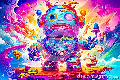 Painting of colorful robot with lots of bubbles and bubbles around it. Generative AI Stock Photo