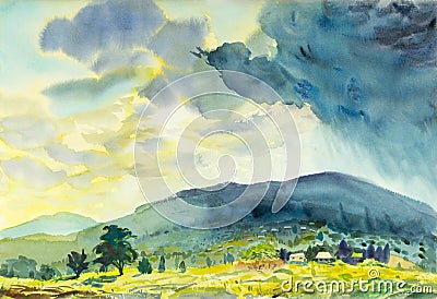 Painting colorful of Sunny rain and emotion in blue mountain Stock Photo