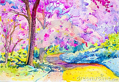 Painting colorful of wild himalayan cherry on the mountain Editorial Stock Photo