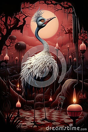 A painting of a crane standing in a swamp, AI Stock Photo