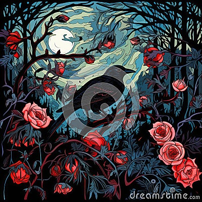 a painting of a crow sitting on a tree branch with roses in the background Stock Photo