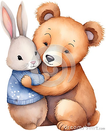 Painting of a cute bear and a cute rabbit. AI-Generated. Stock Photo