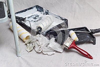 Painting and decorating tools for home improvement and diy projects Stock Photo