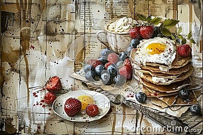 Painting depicting breakfast with scrambled eggs, pancakes, and berry dessert. Generative AI. Stock Photo