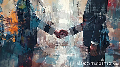 Two People Shaking Hands in the Rain Painting - Businessmen Seal a Deal in a Modern City. Silhouettes of people on an abstract Stock Photo