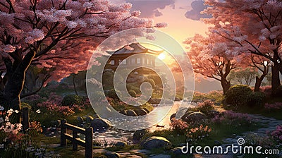 Sunset Painting of River With Pagoda Stock Photo
