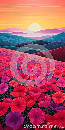 Vibrant Pop Surrealism: Sunset Field Of Poppies In Ultrafine Detail Stock Photo