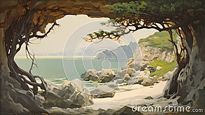 Vintage Oil Painting Cave With Ocean Willow On White Background Stock Photo