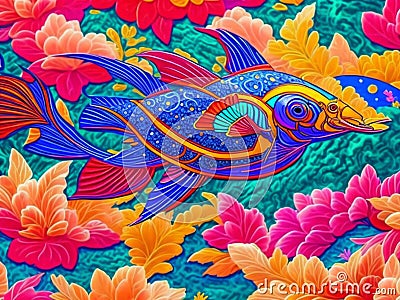 Painting depicts a magnificent blue fish adorned with an array of intricate and captivating patterns, creating a visually stunning Stock Photo