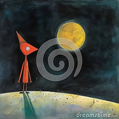 Orange Horned Man Painting Standing Over Moon In Quint Buchholz Style Stock Photo