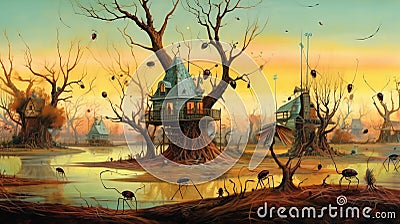 Whimsical Grotesque Steampunk Painting Of Ghost Houses And Trees Cartoon Illustration