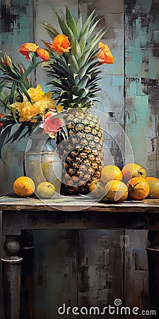 Rustic Realism Painting Of Pineapples, Oranges, Bananas, And Flowers In A Vase Stock Photo