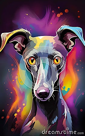 painting of a dog with bright yellow eyes and a black background, whippet portrait with colorful background and splats Stock Photo