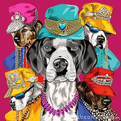 A painting of a dog wearing many hats. AI generative image. Stock Photo