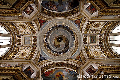 The painting on the dome and walls of Saint Isaac`s Cathedral in Editorial Stock Photo