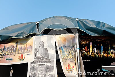 Painting or Drawing of Hong Kong city and the Big Buddha to be sold Editorial Stock Photo