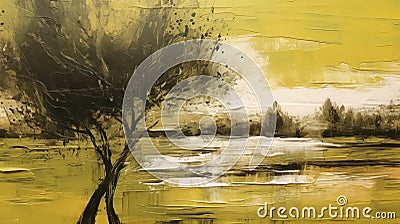 Romantic Vienna Lager Abstract Landscape: Olive And Gold Monochrome Painting Stock Photo