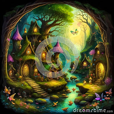 A painting of a fairy village in the woods, magical village, fantasy village, faery palace. Stock Photo