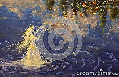 painting Fairy woman, shamanic girl, white angel creates magic love on the water illustration Cartoon Illustration