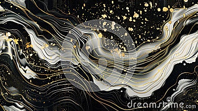 a painting featuring gold lines and iridescence, reminiscent of intricate black and white illustrations, with flowing Cartoon Illustration