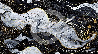 a painting featuring gold lines and iridescence, reminiscent of intricate black and white illustrations, with flowing Cartoon Illustration