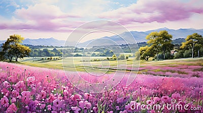 Provence Morning: A Spectacular Photo-realistic Landscape Of Pink Flowers Stock Photo
