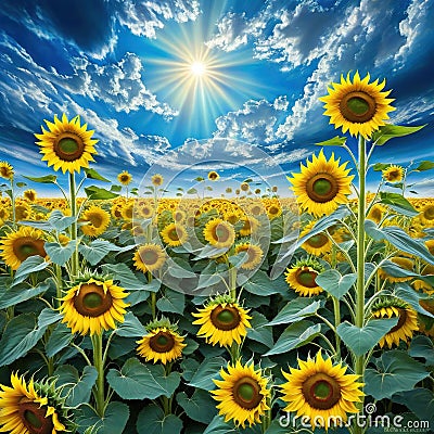 painting of field of sunflowers with a Cartoon Illustration